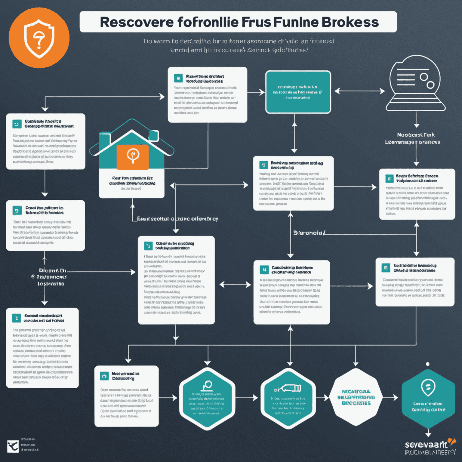Инфографика, показывающая схему процесса возврата средств от недобросовестных онлайн-брокеров. На изображении представлены семь шагов в виде блок-схемы, начиная от сбора документации и заканчивая исполнением решения суда. Каждый шаг сопровождается небольшой иконкой, символизирующей действие.