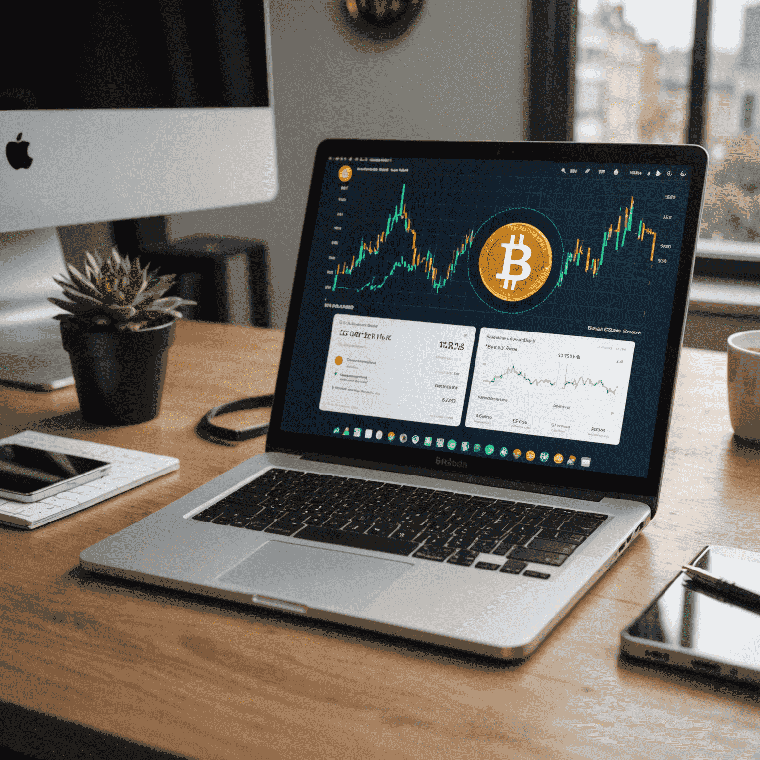 Изображение биткоин-кошелька на экране компьютера с графиком роста стоимости криптовалюты